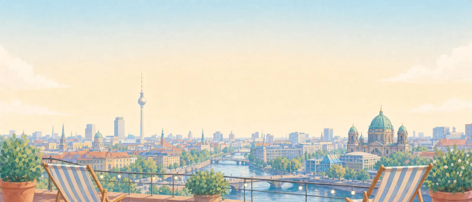 A roof terrace with deck chairs looking out over Berlin and the river Spree, with the TV tower and the Berlin Cathedral
