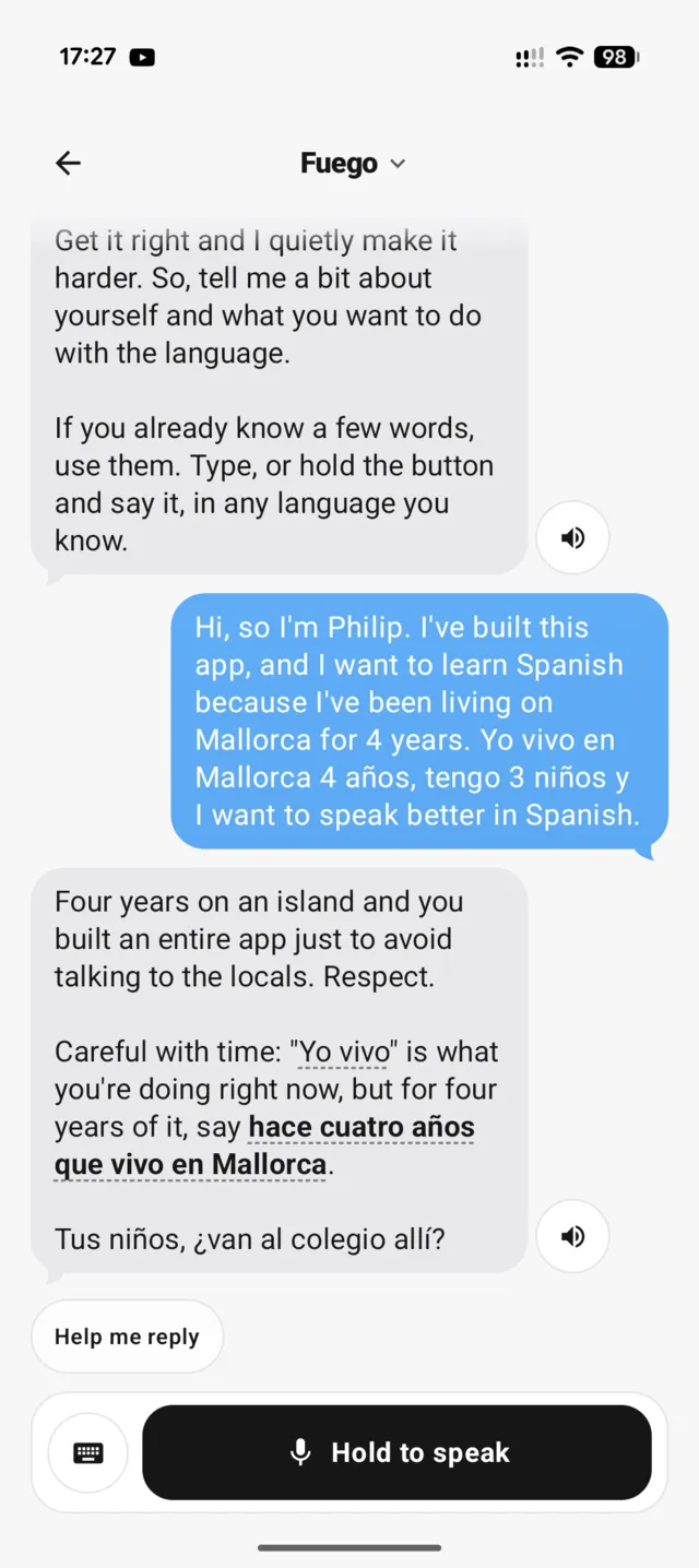 A chat with Fuego about living on Mallorca, with a Hold to speak button at the bottom