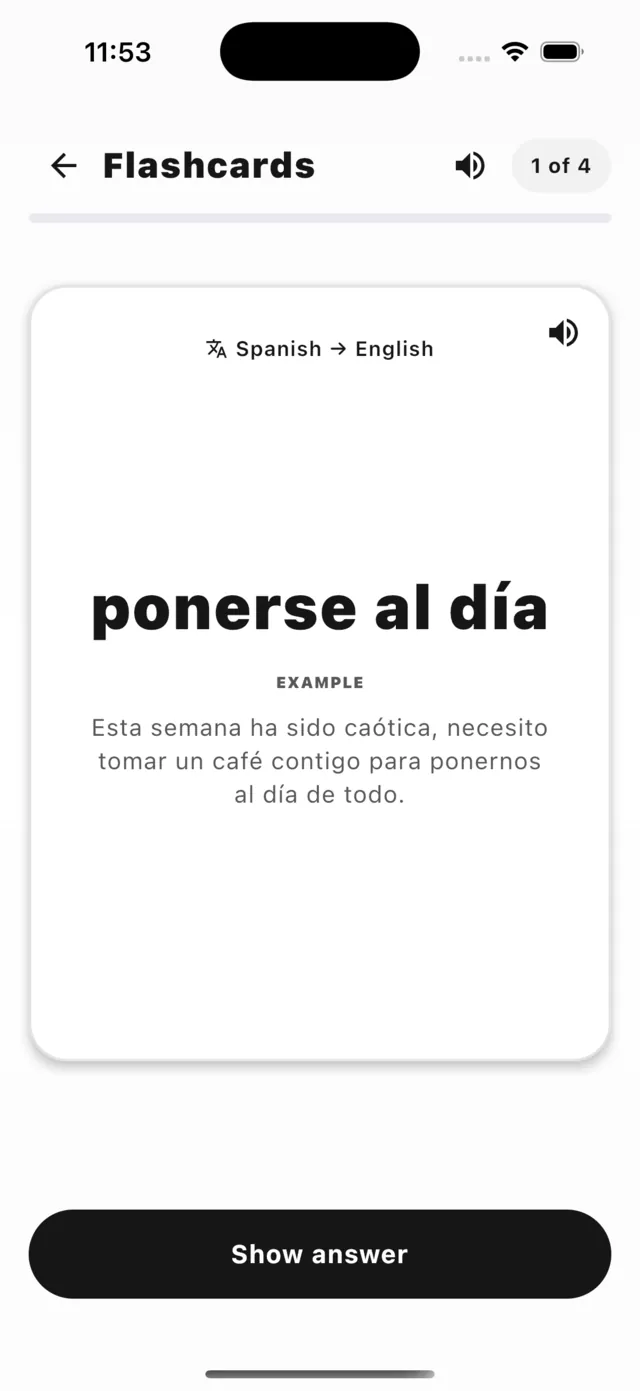 A Spanish flashcard: ponerse al día, with an example sentence and a Show answer button