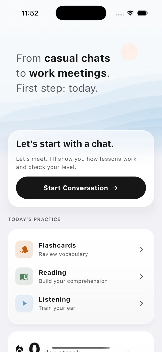 The Fuego home screen: from casual chats to work meetings, a chat to start, and today's practice