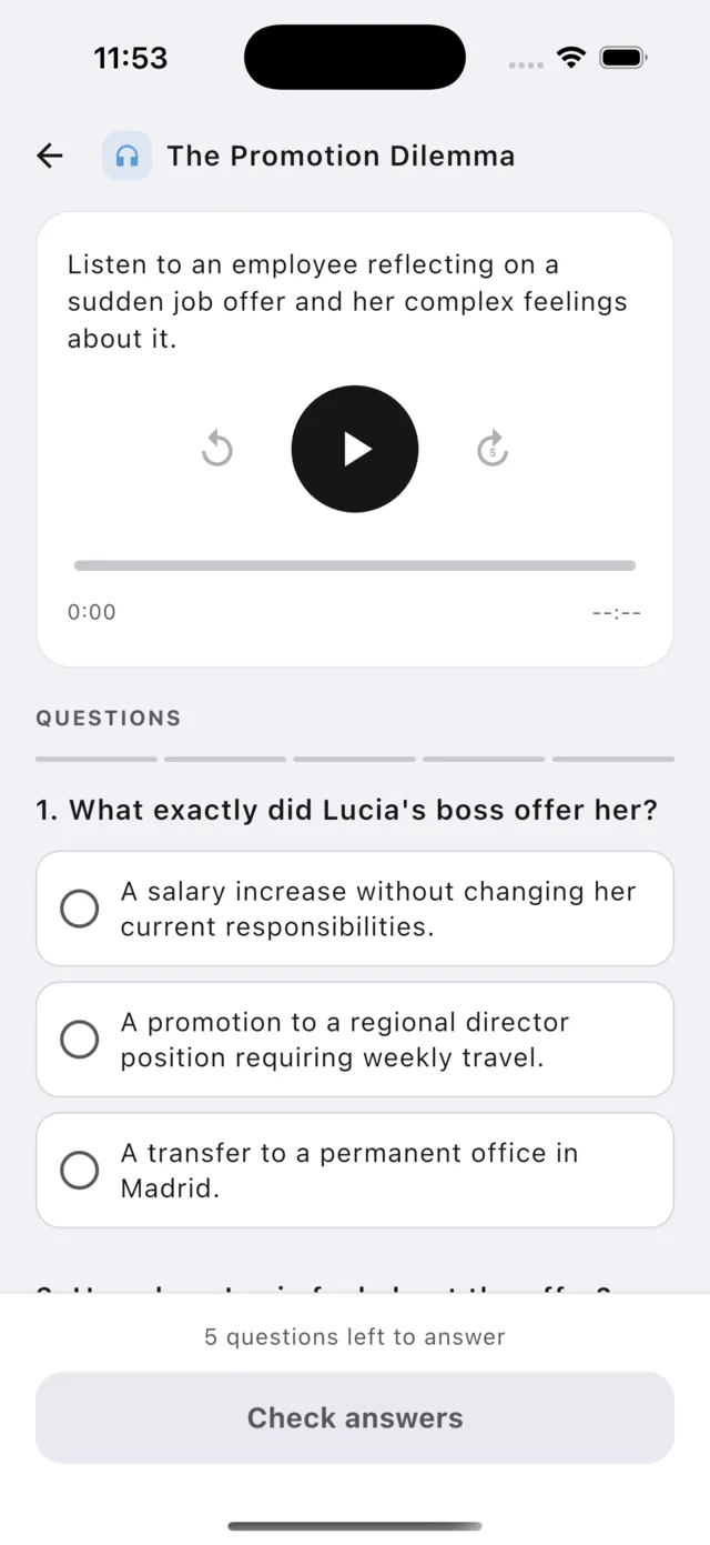 A listening exercise called The Promotion Dilemma: a play button and questions about what was said