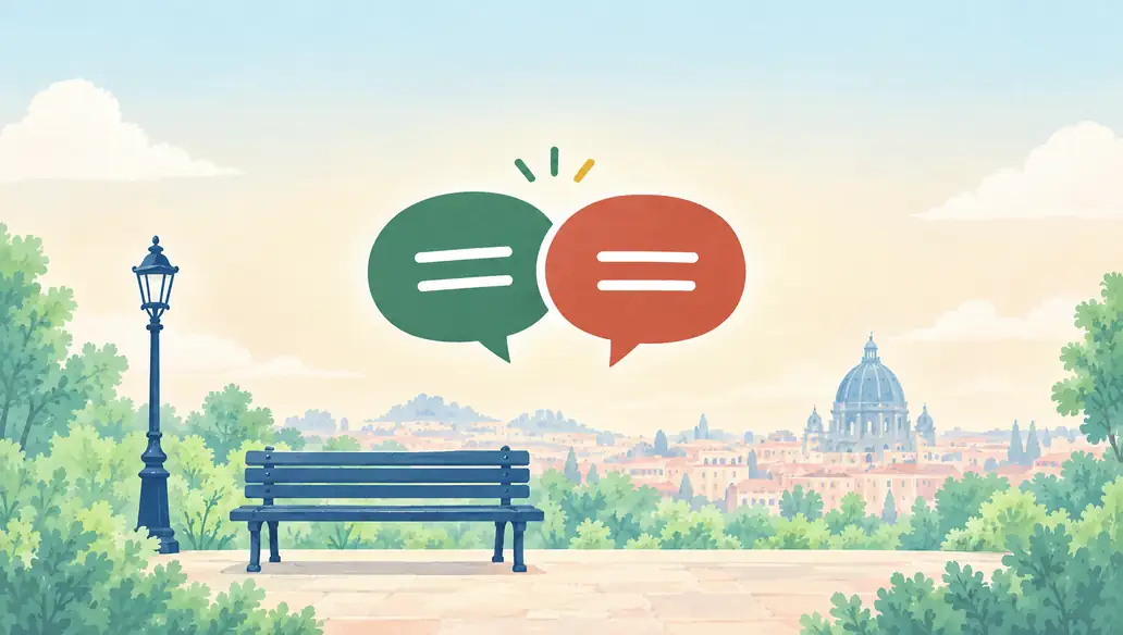 A park bench above the old town, two speech bubbles overlapping