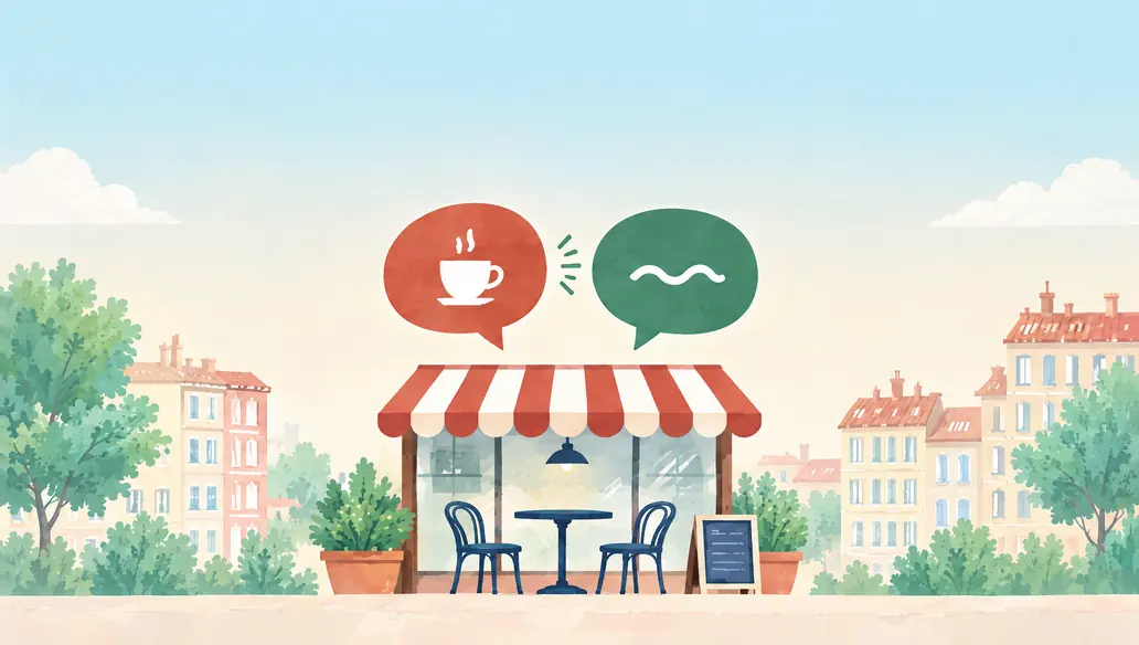 A café with a striped awning and two chairs outside, two speech bubbles above it