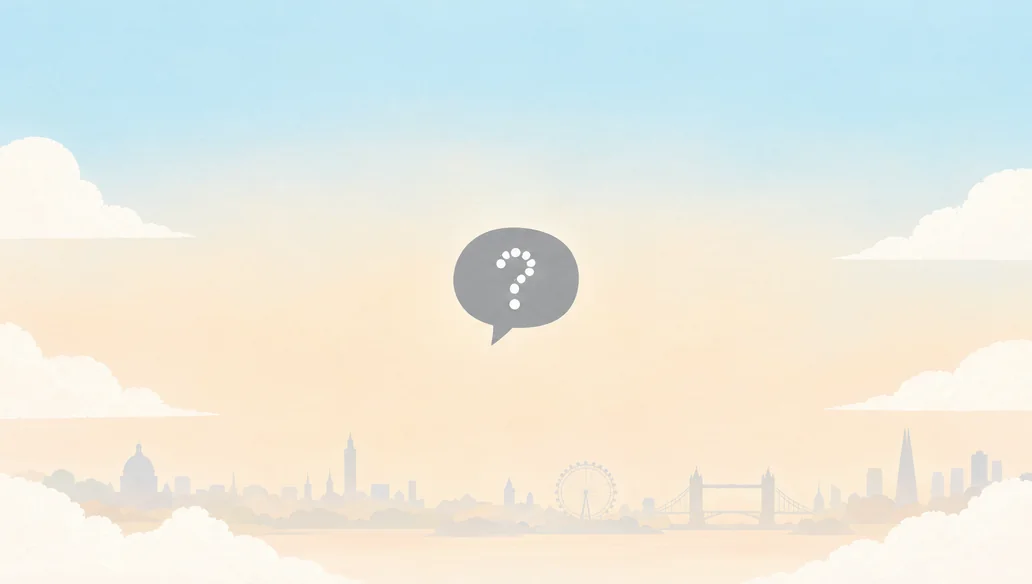 A city skyline lost in fog, with one grey speech bubble holding a question mark