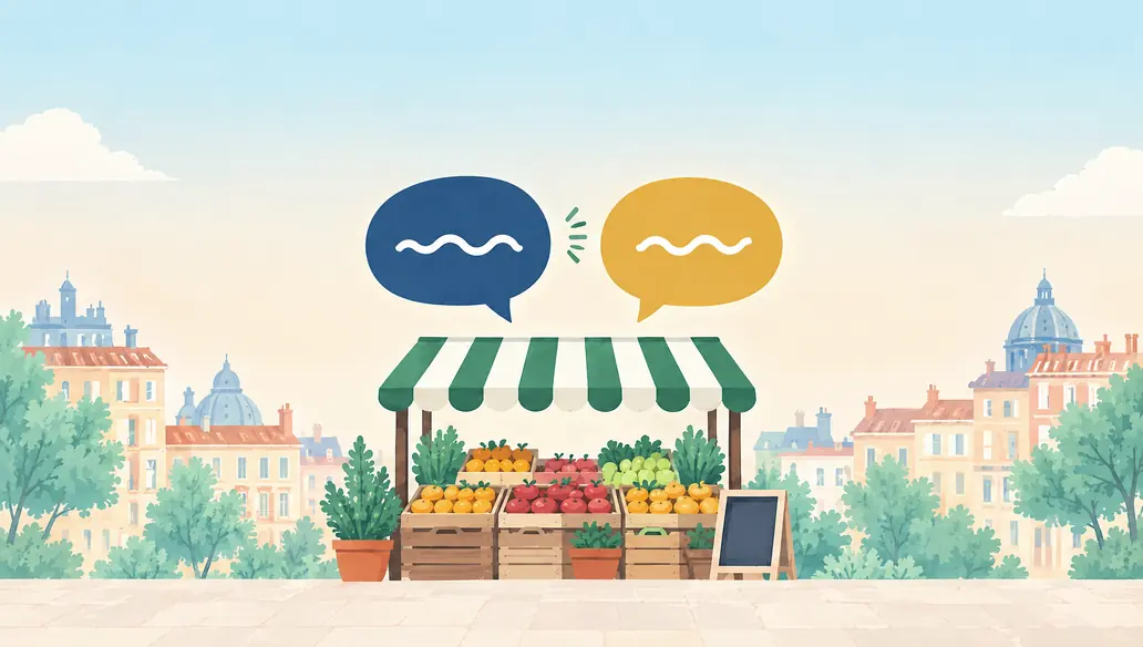 A fruit and vegetable stall at a street market, two speech bubbles trading back and forth
