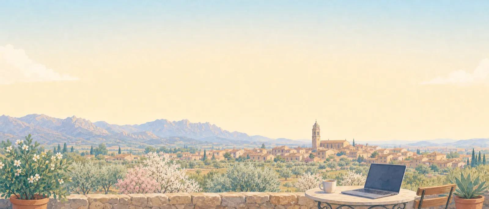 A laptop and a coffee on a stone terrace above Sineu, a village on Mallorca, with almond trees in blossom and mountains behind