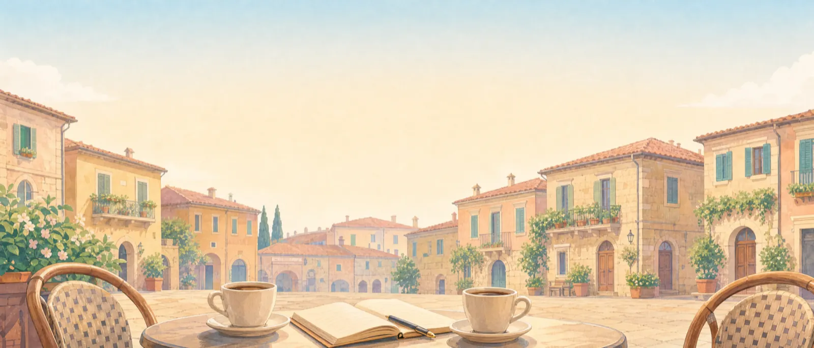 A café table on a sunny old town square, with two coffees, an open notebook and a pen, between two wicker chairs