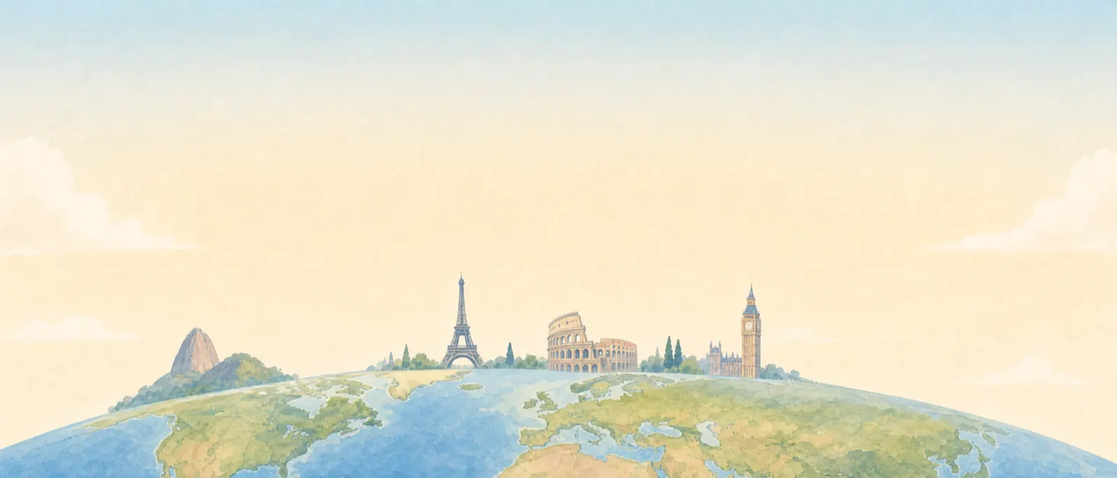 The curve of a painted globe with landmarks standing on it: Sugarloaf Mountain, the Eiffel Tower, the Colosseum and Big Ben